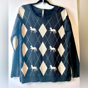 Kensie Retro Black & Cream Argyle Horse Sweater Elbow Patches